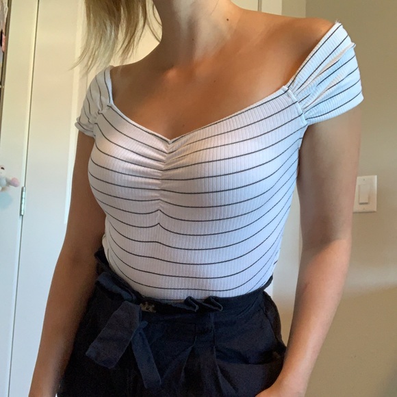 Dynamite Tops - Dynamite Striped Off The Shoulder Bodysuit